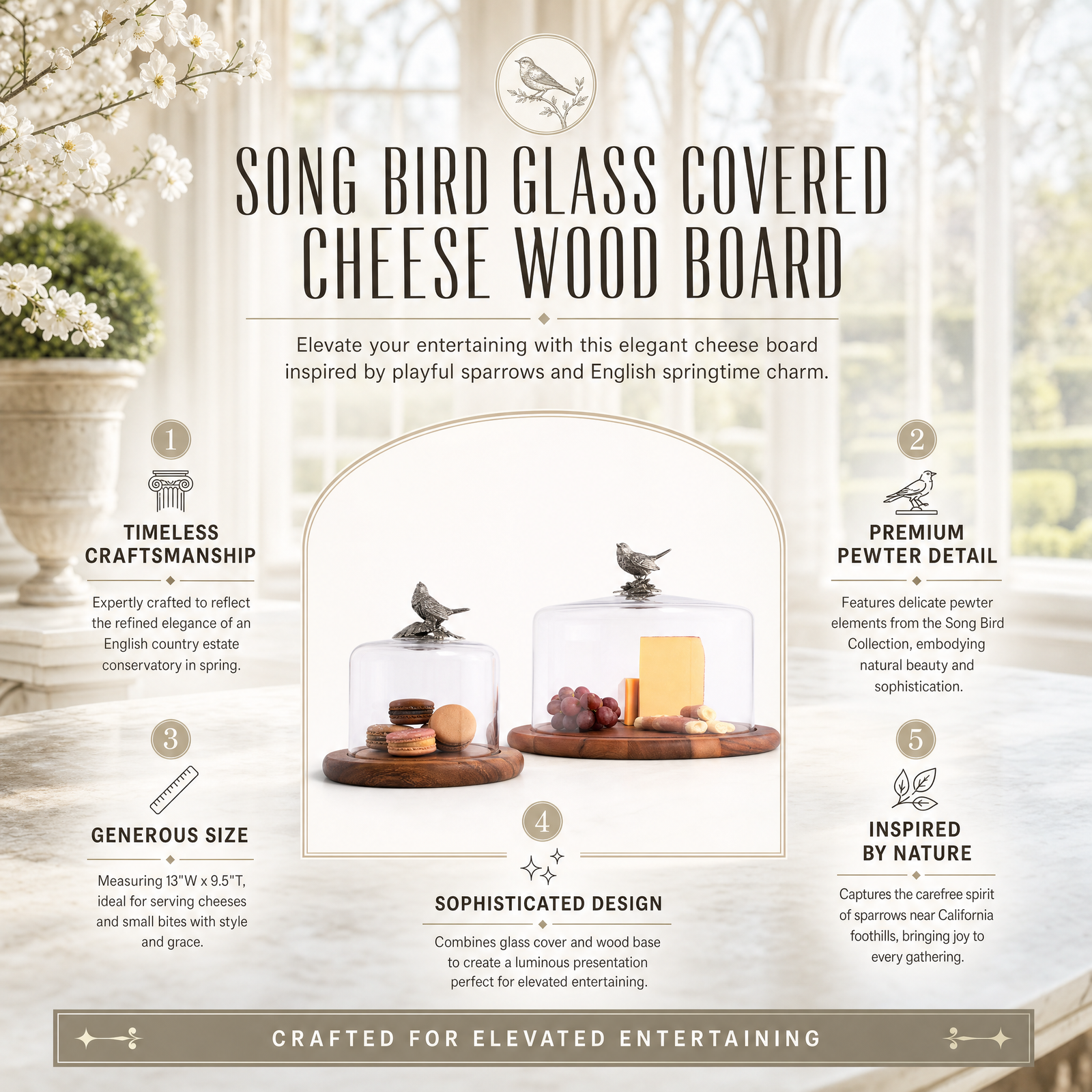 Song Bird Glass Covered Cheese Wood Board