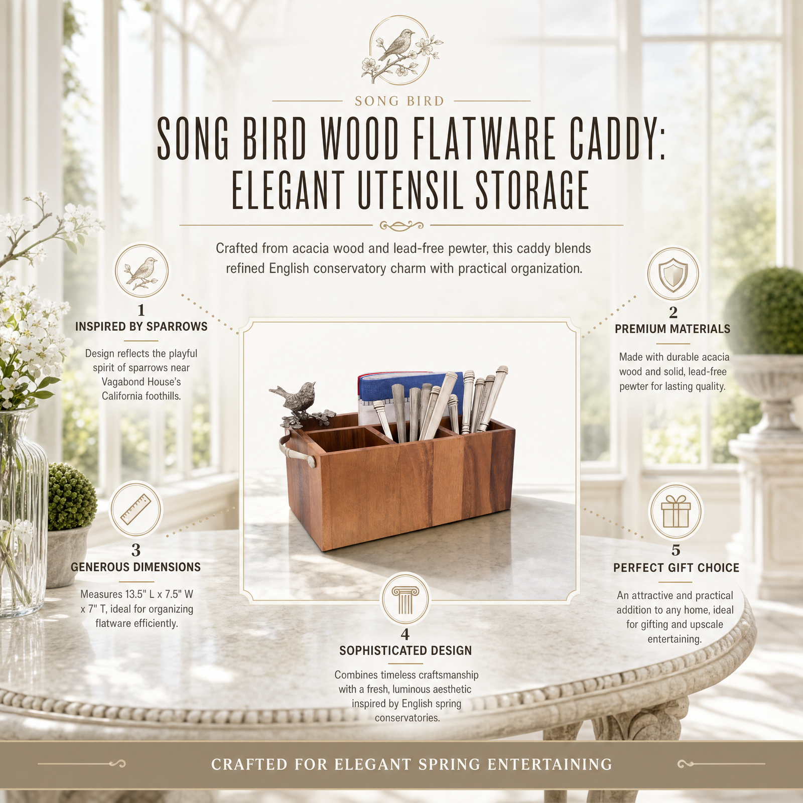 Song Bird Wood Flatware Caddy: Elegant Utensil Storage