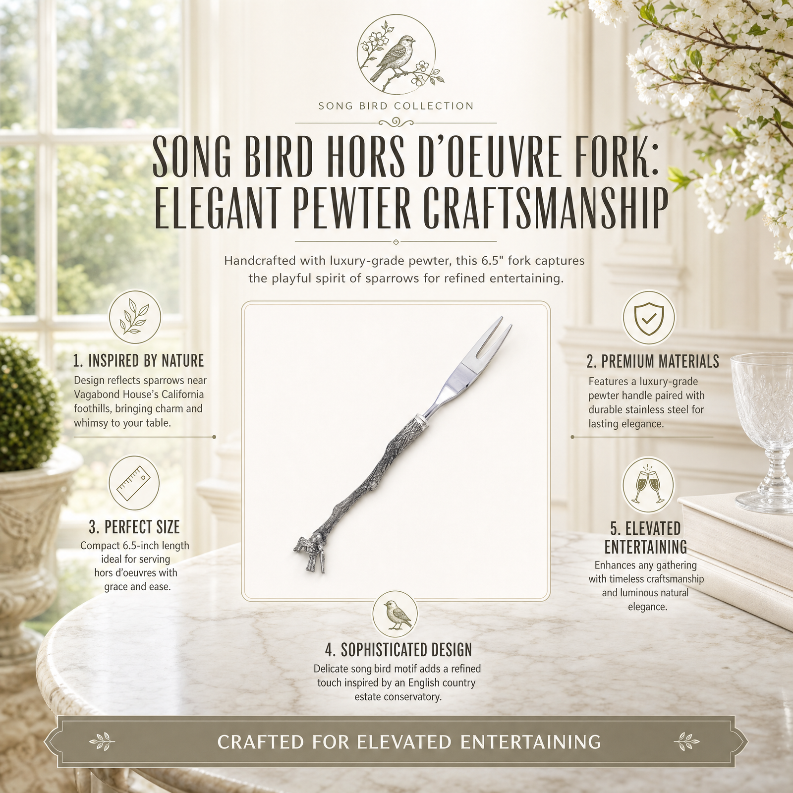Song Bird Hors d'oeuvre Fork: Elegant Pewter Craftsmanship