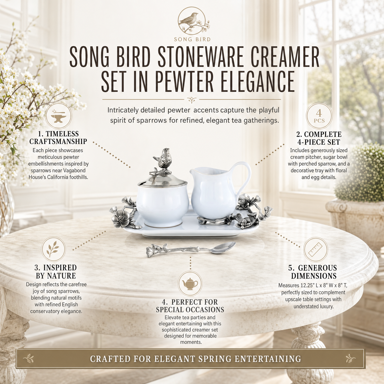 Stoneware Creamer Set - Pewter Song Bird 1