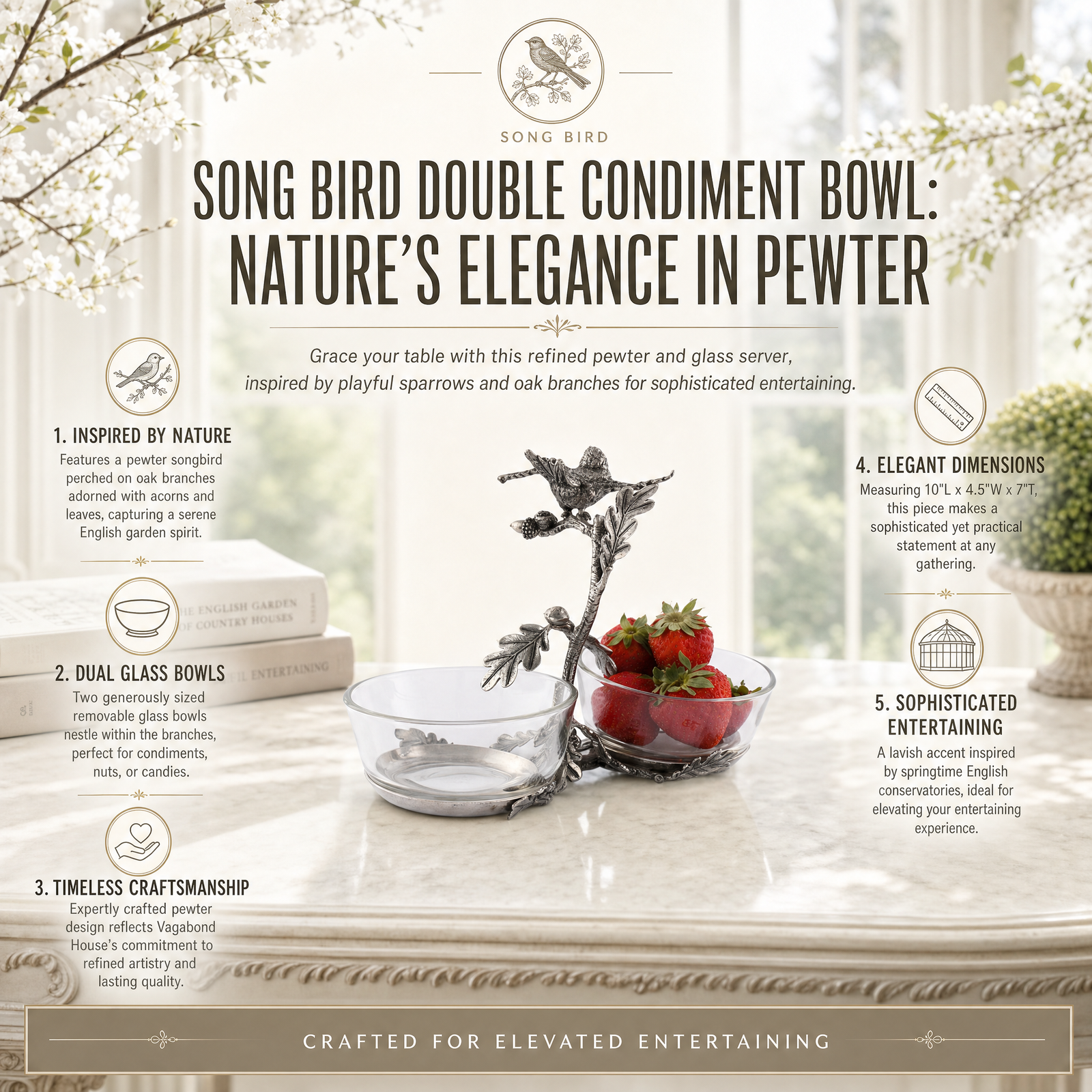 Song Bird Double Condiment Bowl: Nature’s Elegance in Pewter