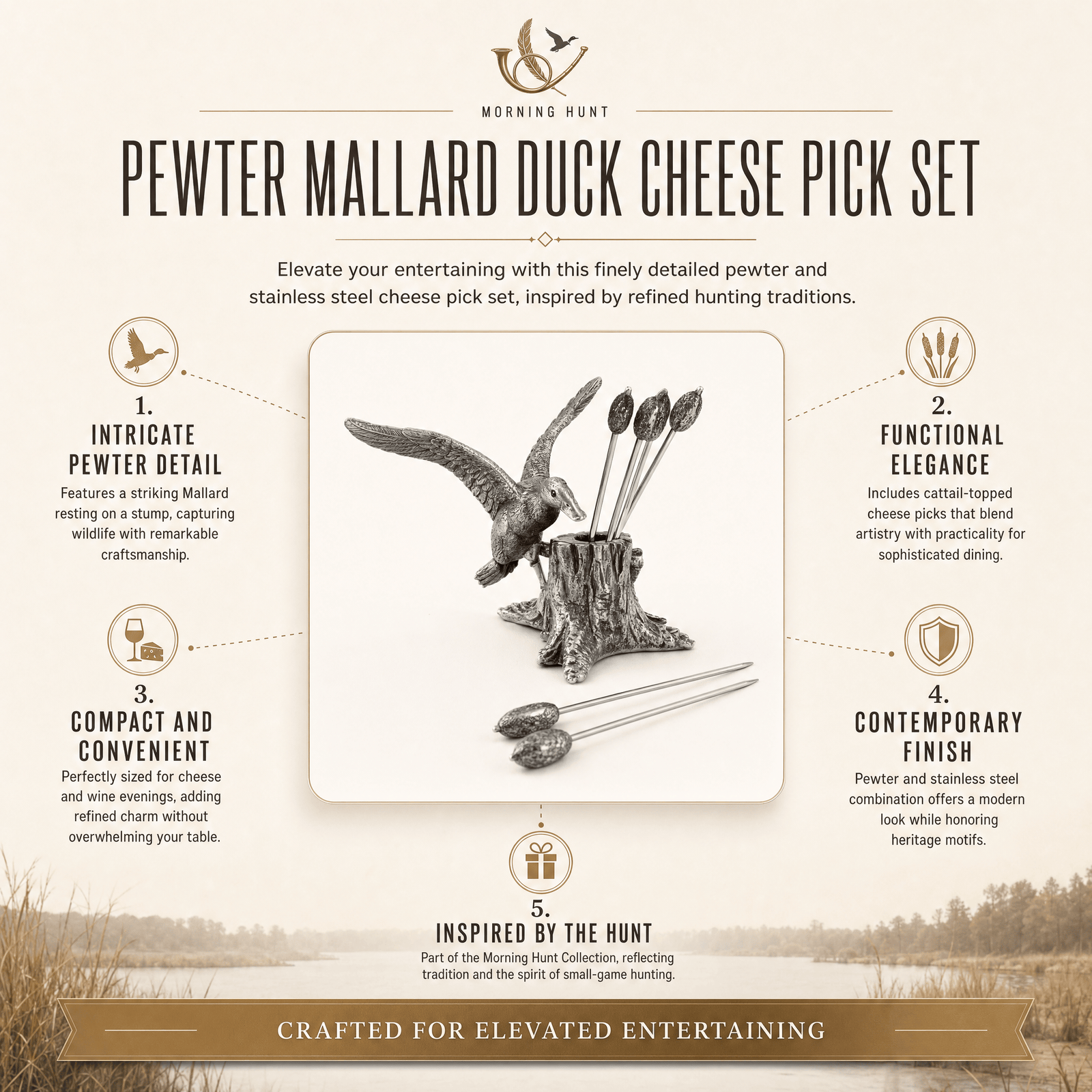 Pewter Mallard Duck Cheese Pick Set 12