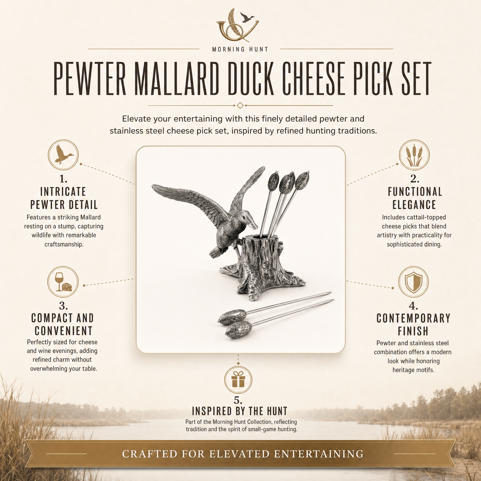 Pewter Mallard Duck Cheese Pick Set 12
