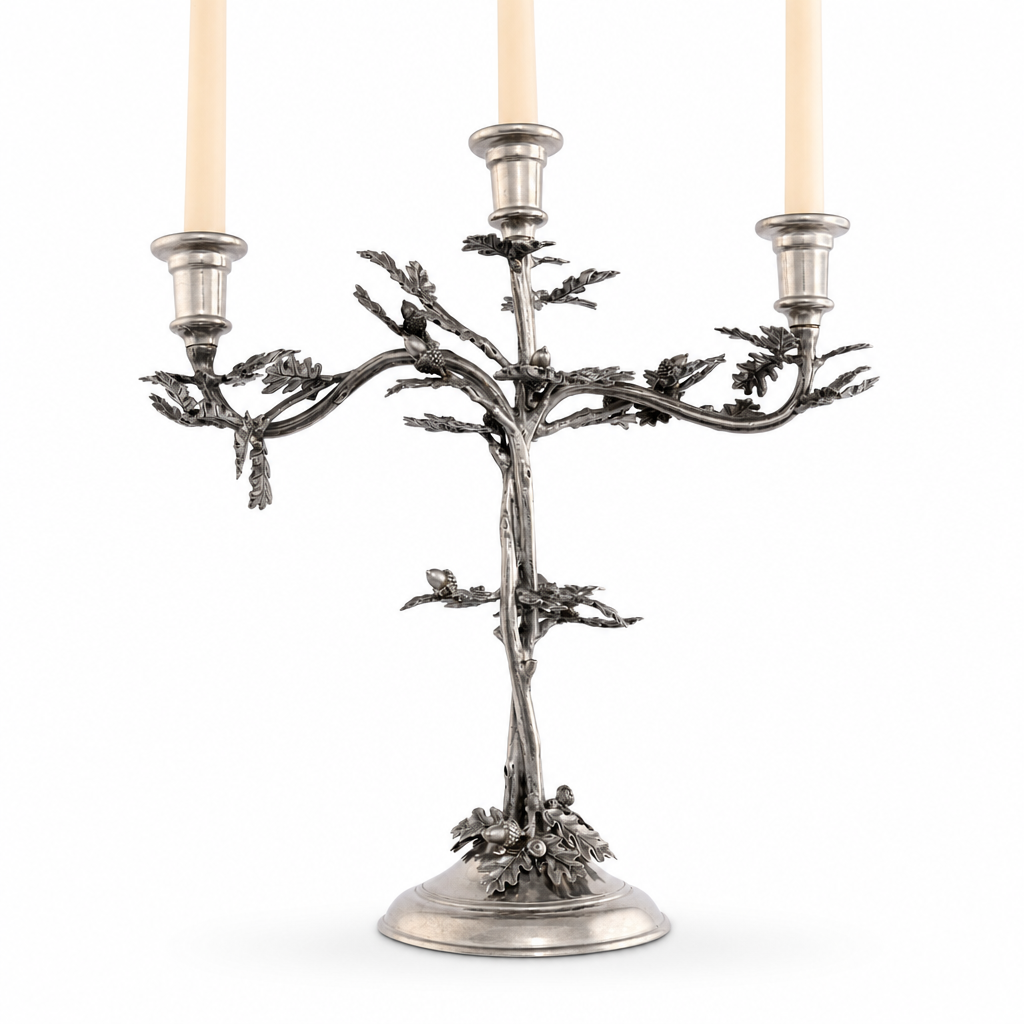 Three Taper Pewter Oak Leaf Candelabrum 1