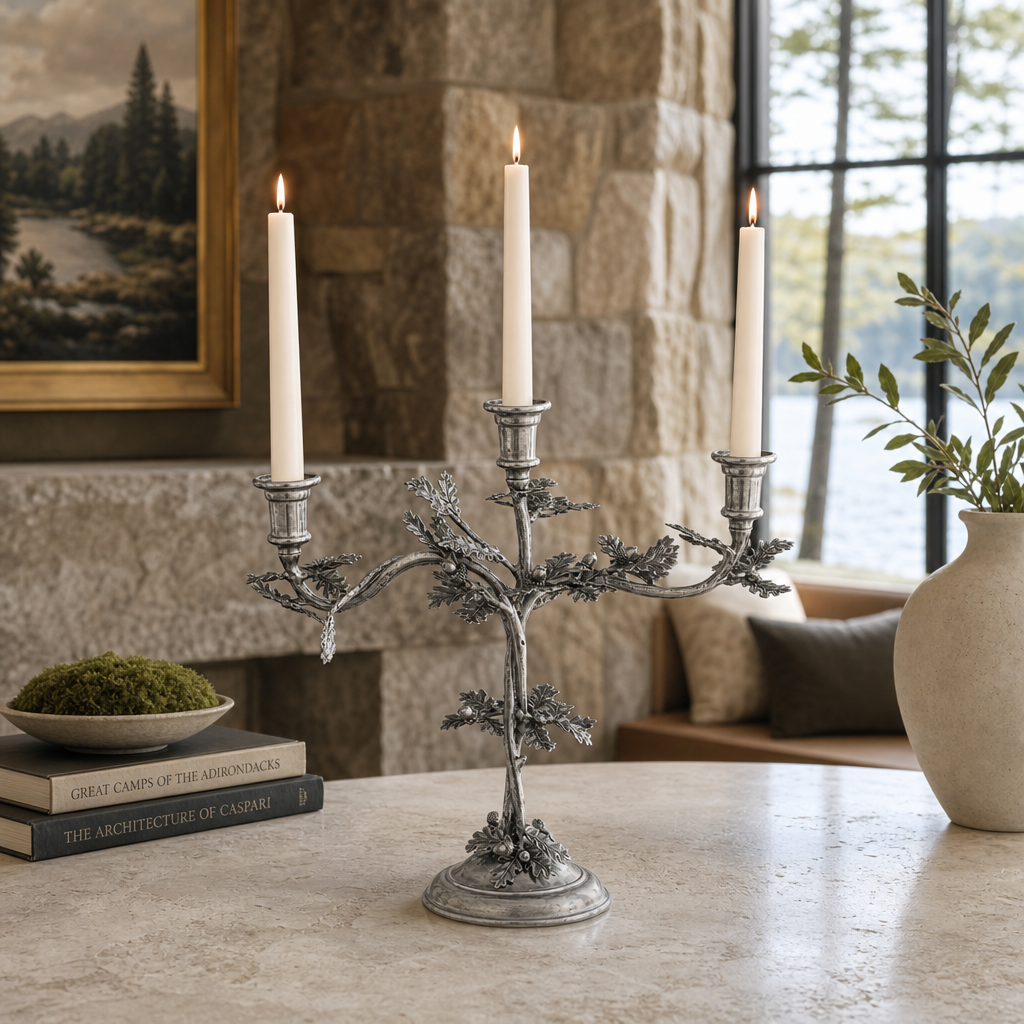 Three Taper Pewter Oak Leaf Candelabrum 6