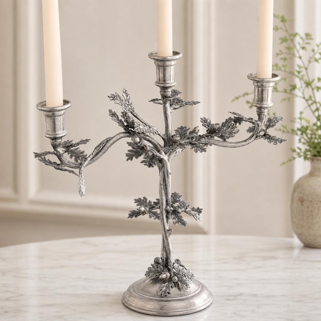 Three Taper Pewter Oak Leaf Candelabrum 8