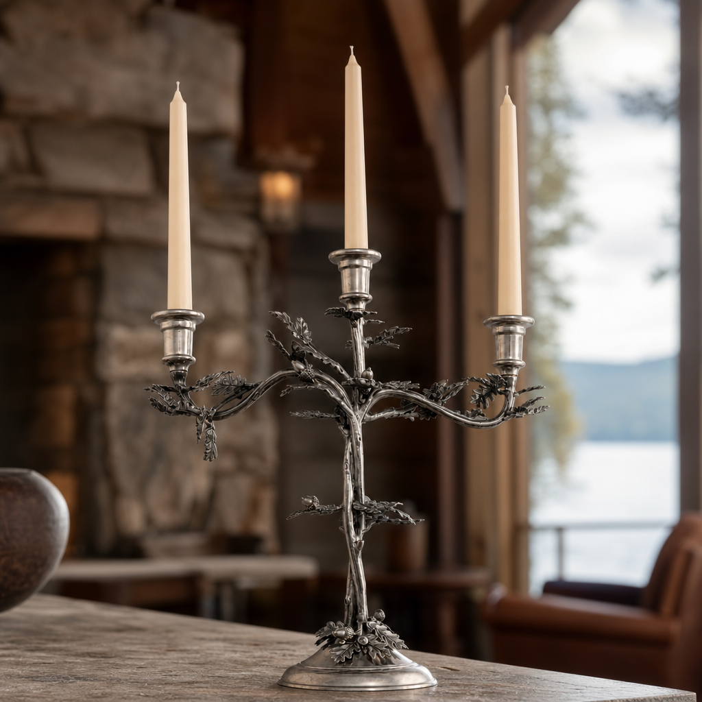 Three Taper Pewter Oak Leaf Candelabrum 1