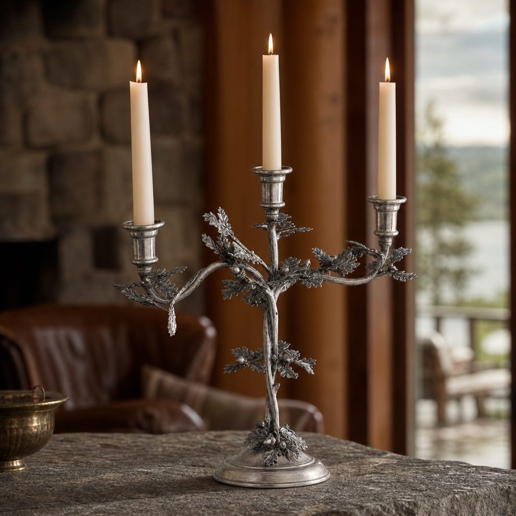 Three Taper Pewter Oak Leaf Candelabrum 3