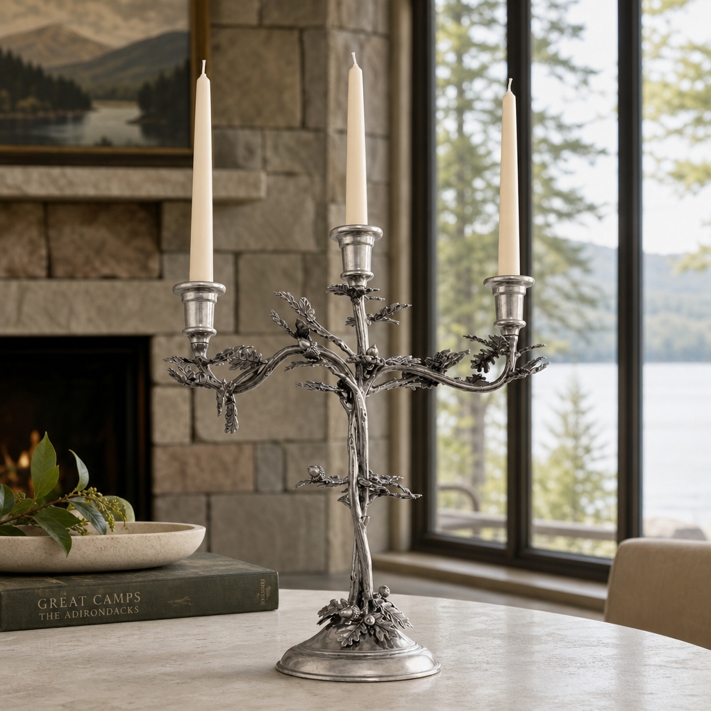 Three Taper Pewter Oak Leaf Candelabrum 5