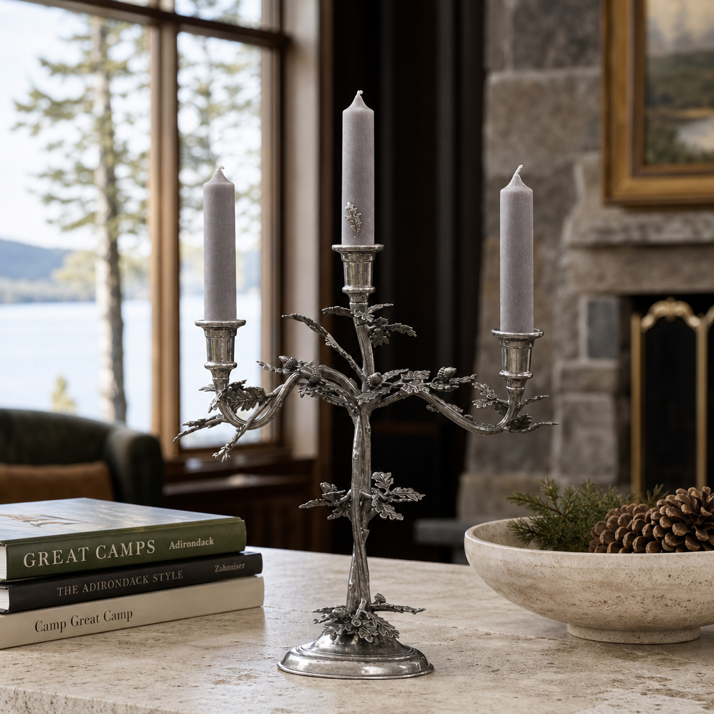 Three Taper Pewter Oak Leaf Candelabrum 6
