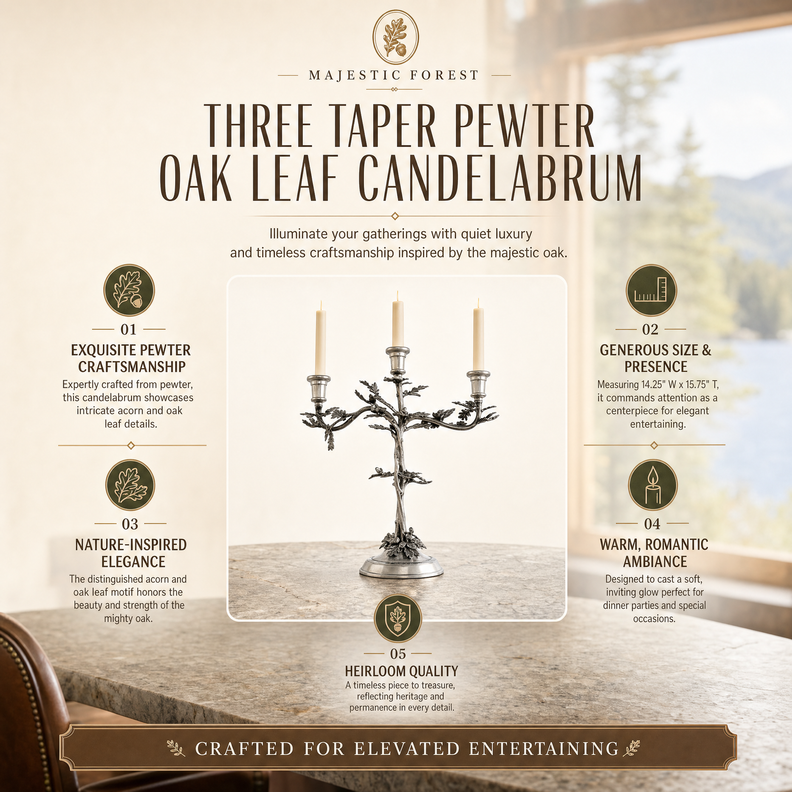 Three Taper Pewter Oak Leaf Candelabrum 7