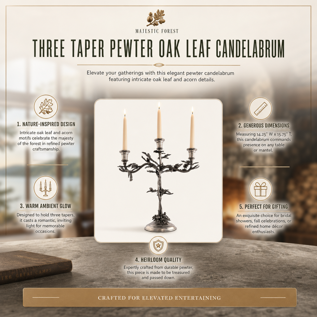 Three Taper Pewter Oak Leaf Candelabrum 9