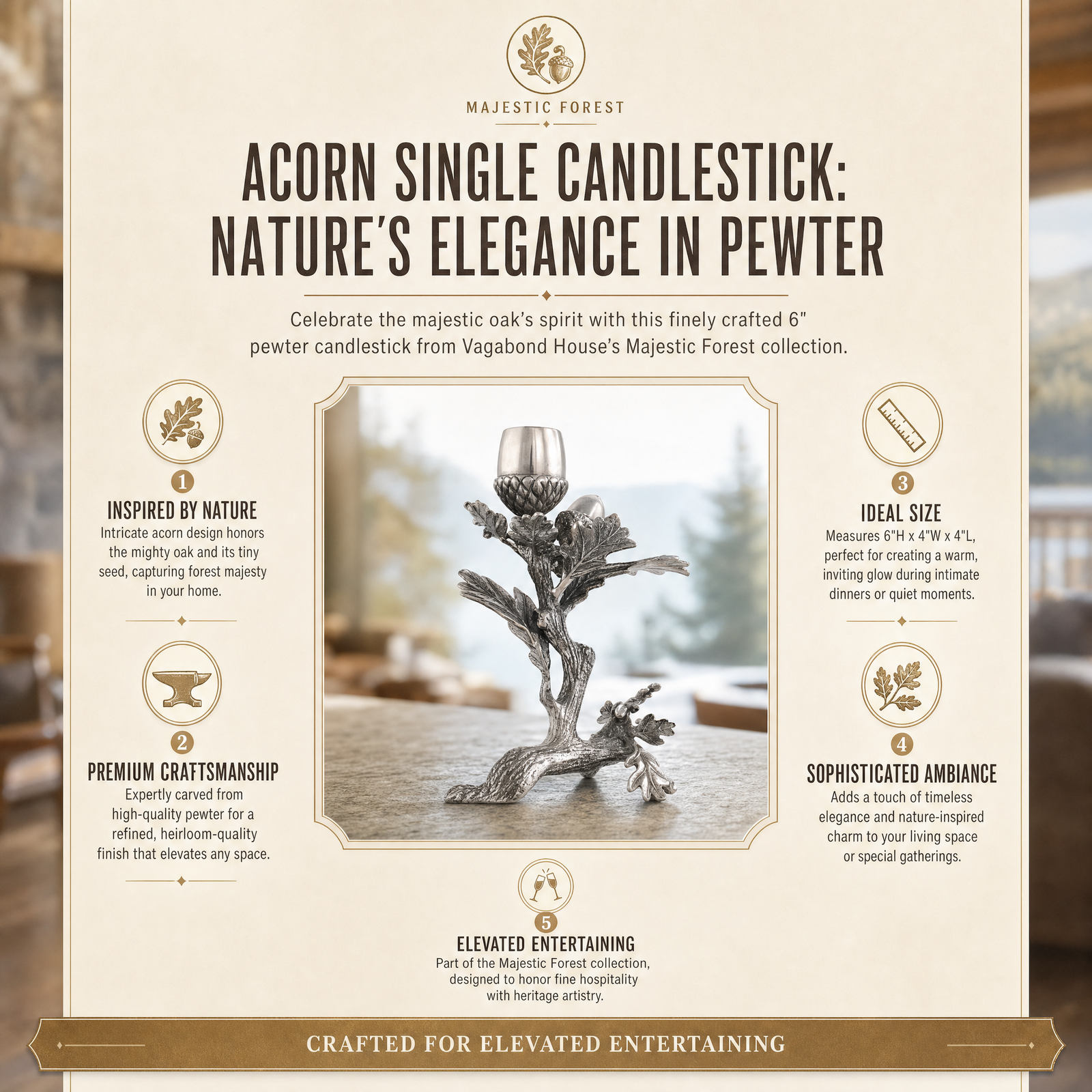 Acorn Single Candlestick: Nature’s Elegance in Pewter