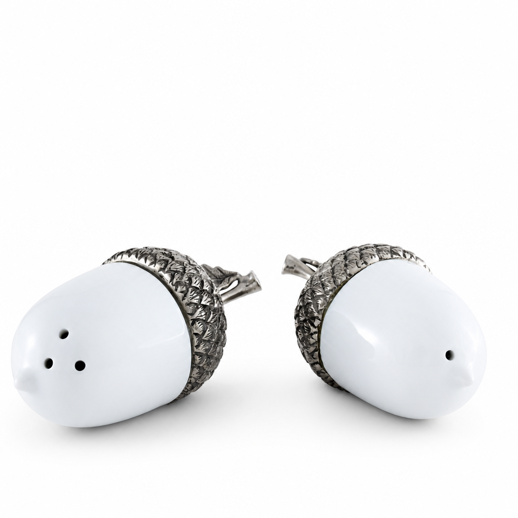Porcelain Acorn Salt and Pepper with Pewter Leaf 1