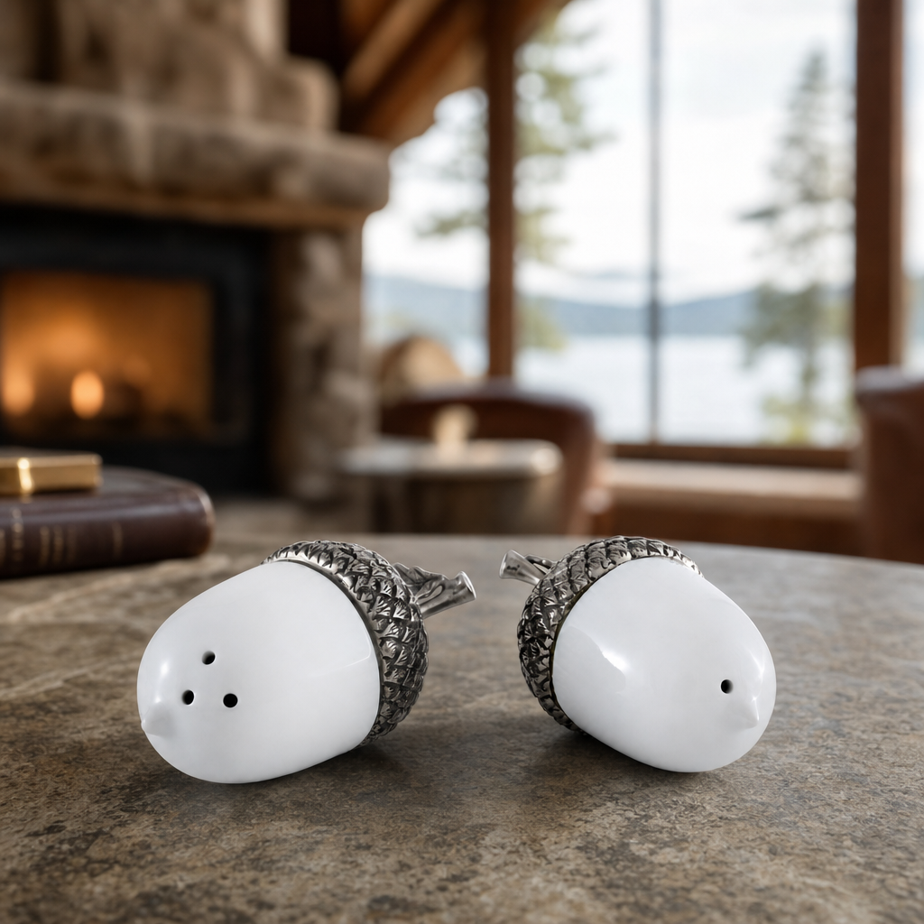 Porcelain Acorn Salt and Pepper with Pewter Leaf 1