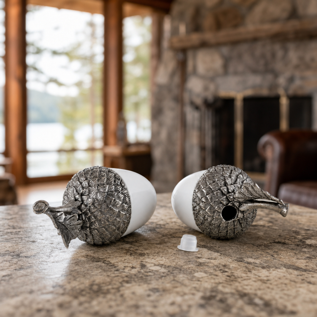 Porcelain Acorn Salt and Pepper with Pewter Leaf 3