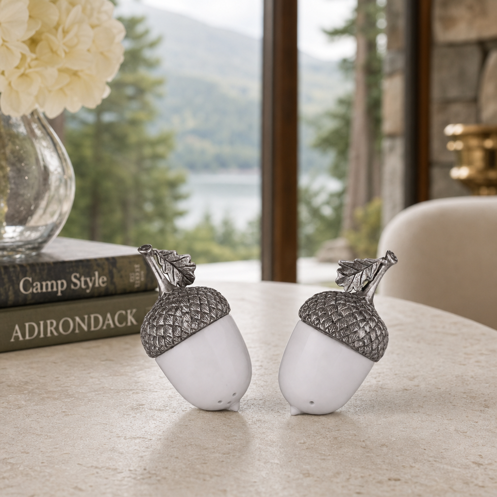 Porcelain Acorn Salt and Pepper with Pewter Leaf 9