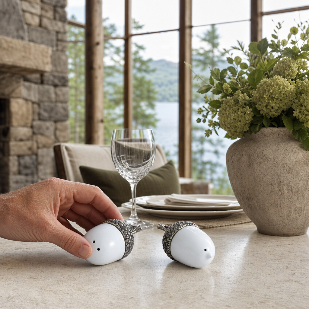 Porcelain Acorn Salt and Pepper with Pewter Leaf 4