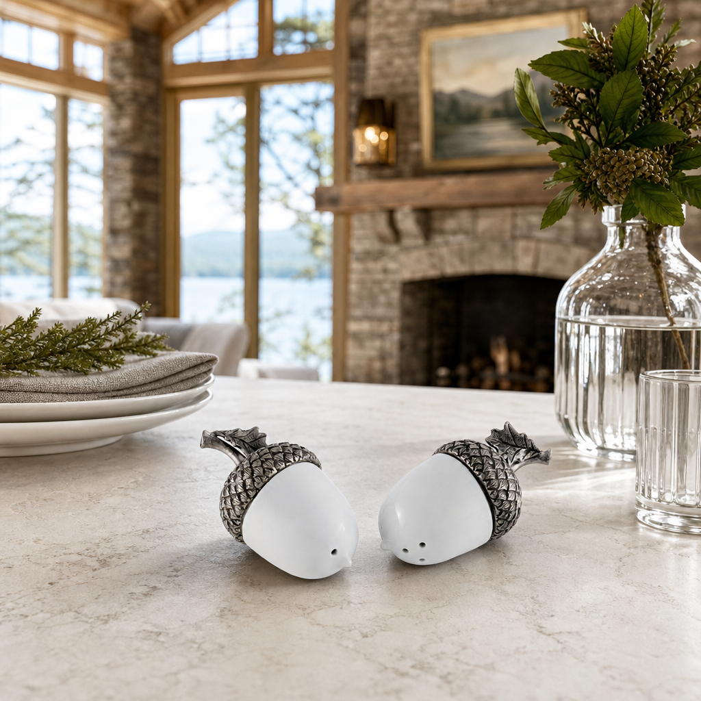 Porcelain Acorn Salt and Pepper with Pewter Leaf 5