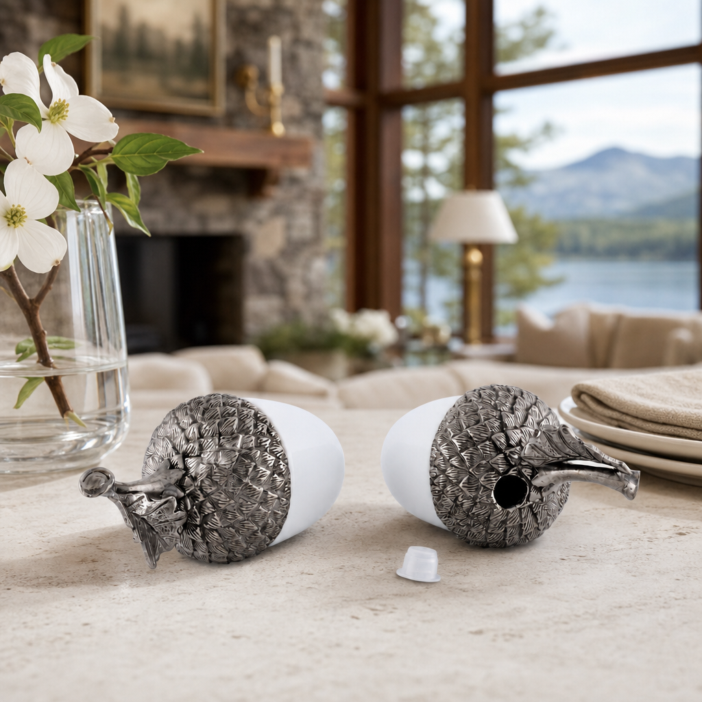 Porcelain Acorn Salt and Pepper with Pewter Leaf 6