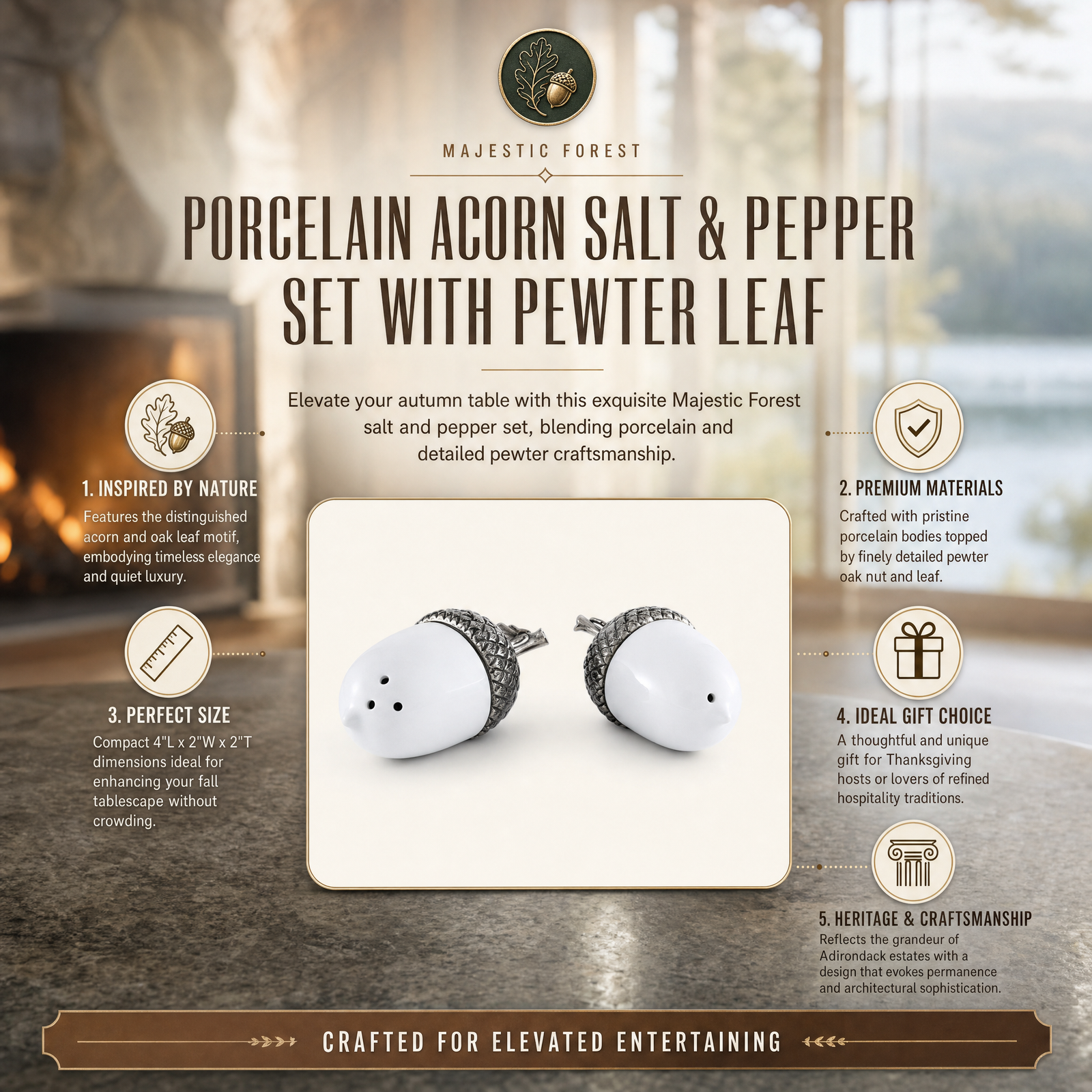 Porcelain Acorn Salt and Pepper with Pewter Leaf 9