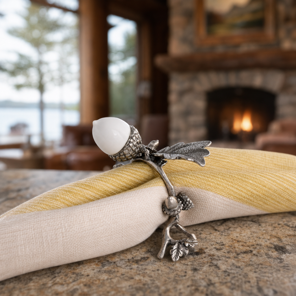 Porcelain Acorn & Oak Leaf Napkin Ring with Pewter 3