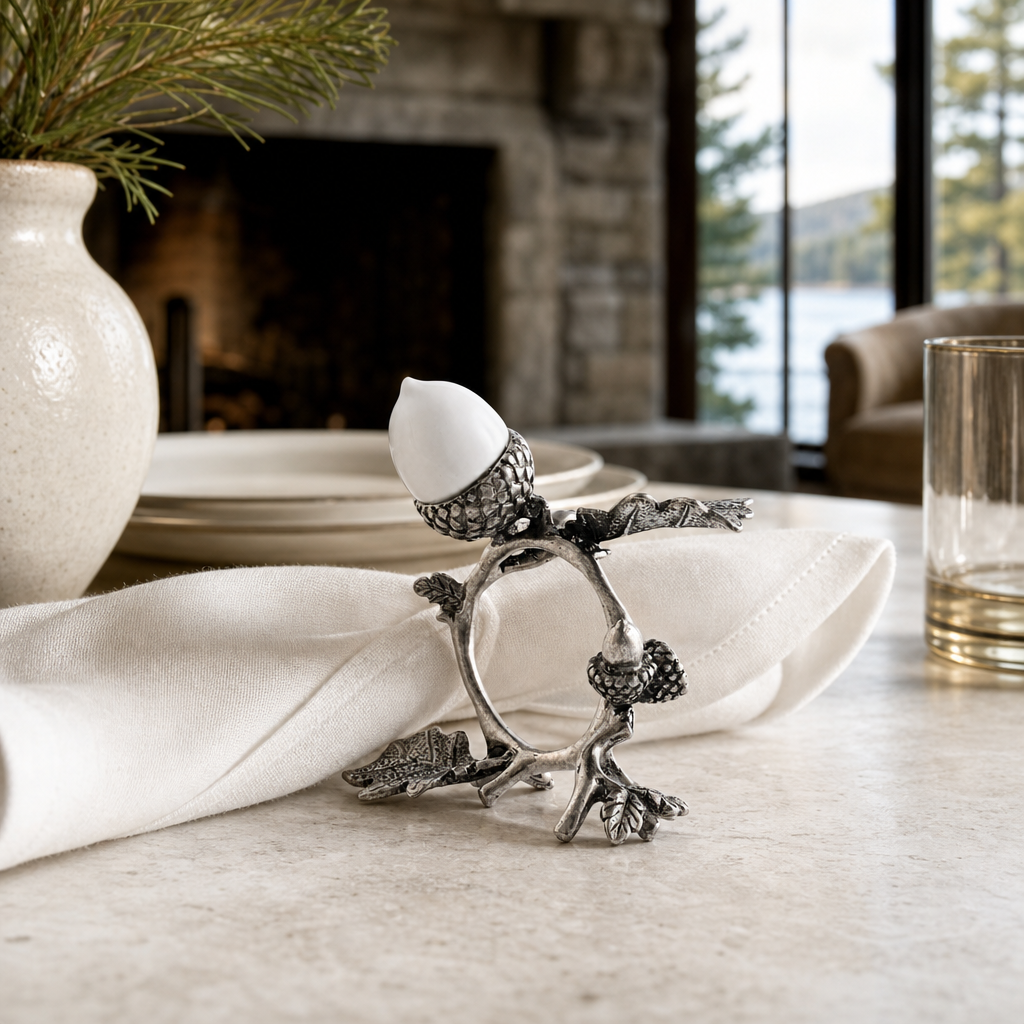 Porcelain Acorn & Oak Leaf Napkin Ring with Pewter 8