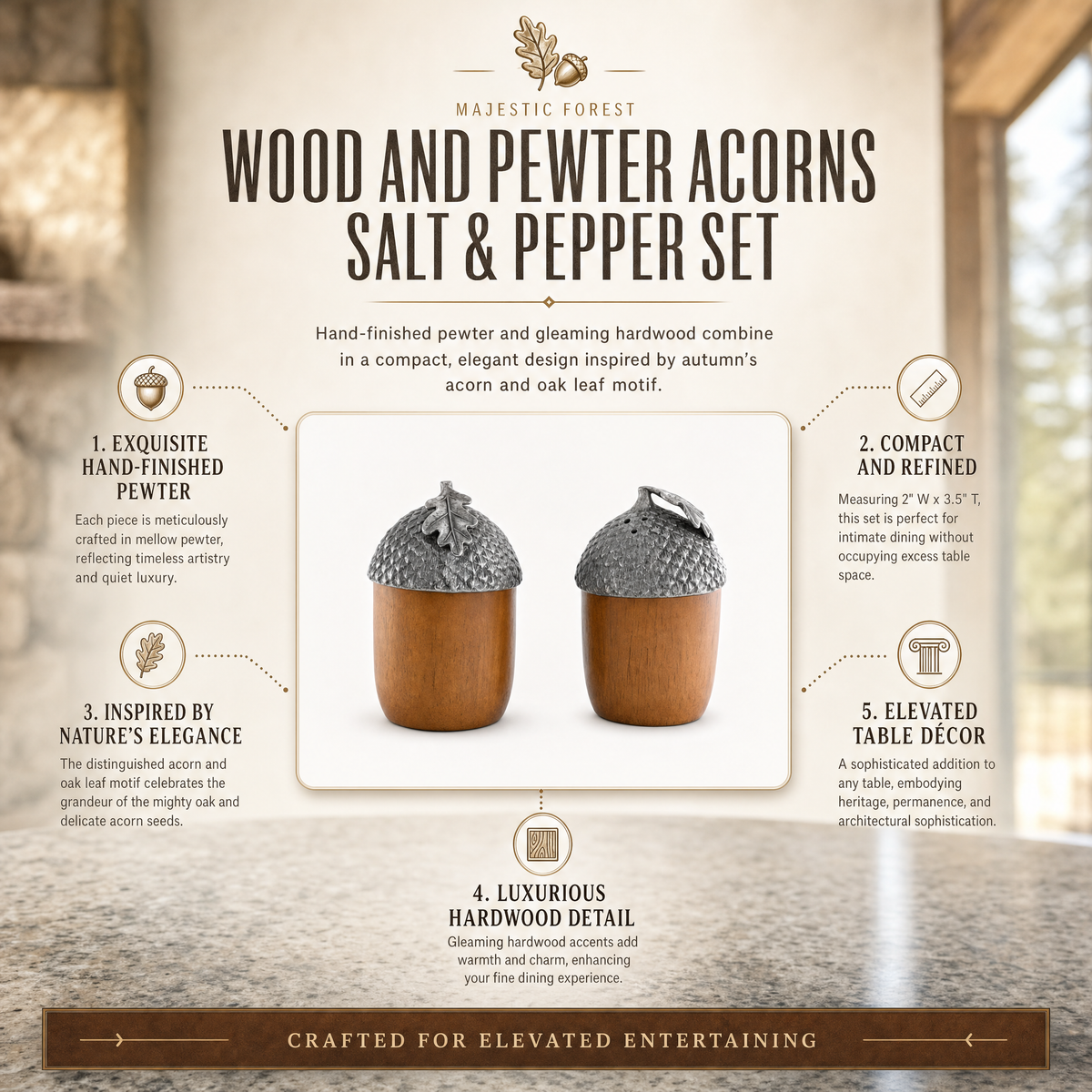 Wood and Pewter Acorns Salt & Pepper Set 10