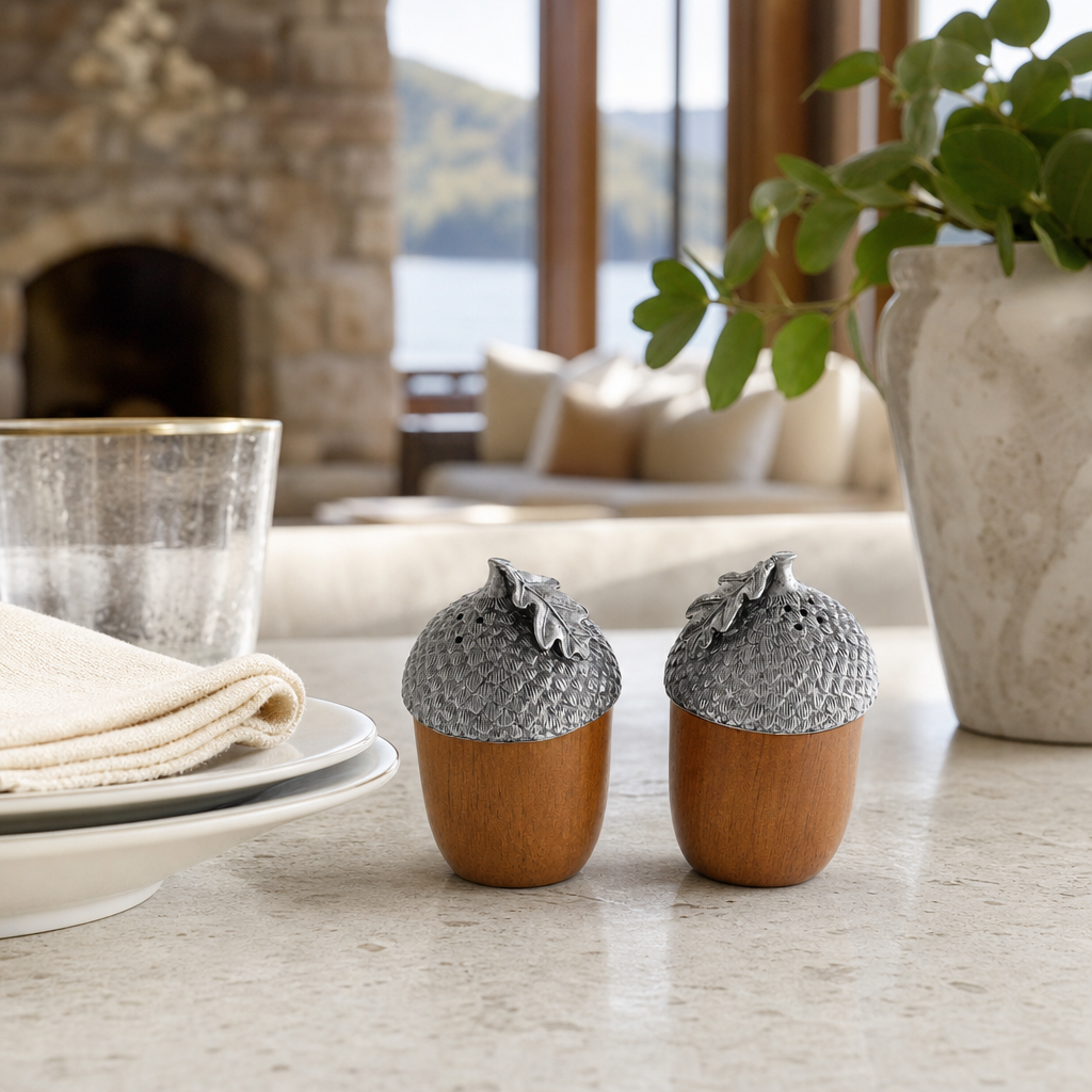 Wood and Pewter Acorns Salt &amp; Pepper Set 7
