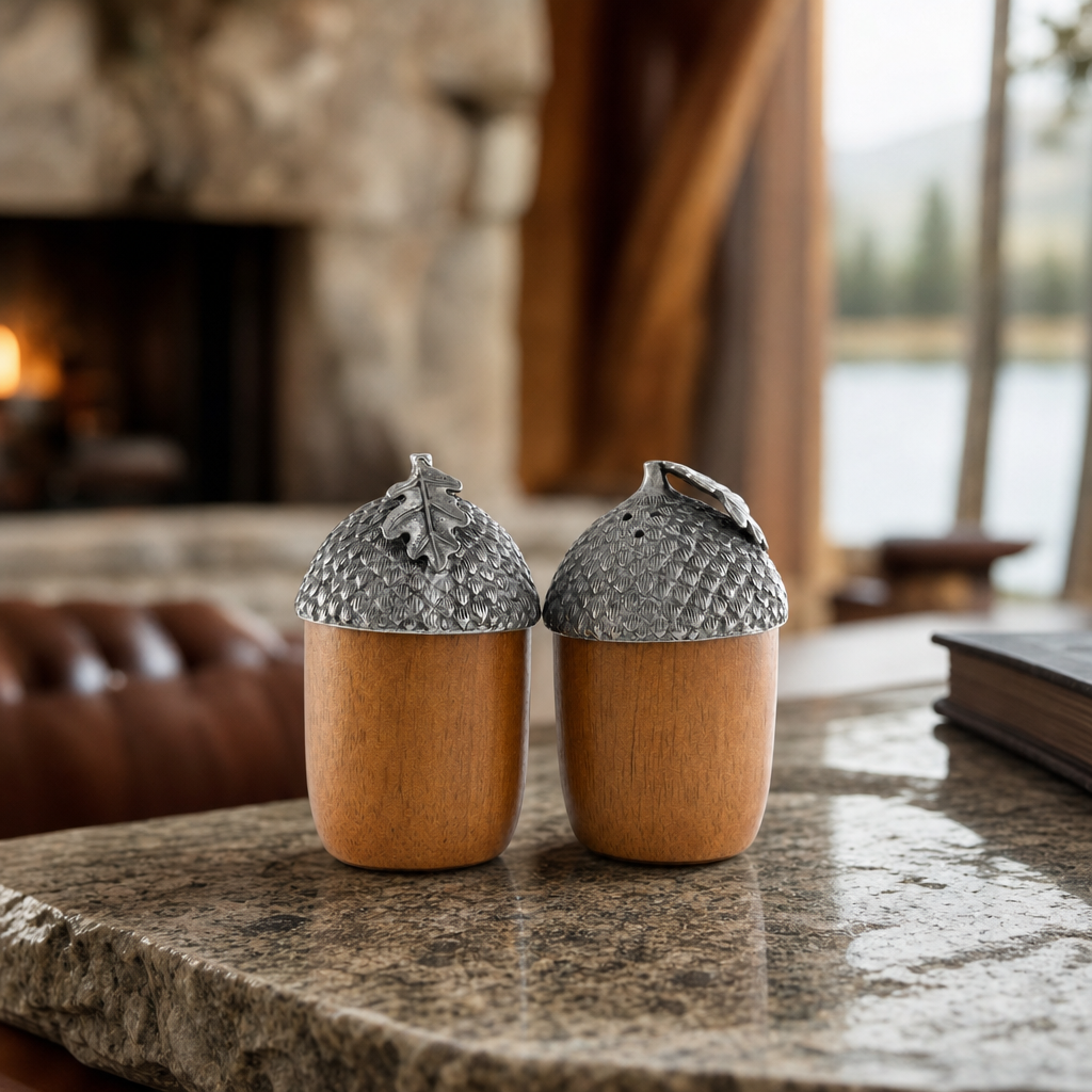 Wood and Pewter Acorns Salt & Pepper Set 1