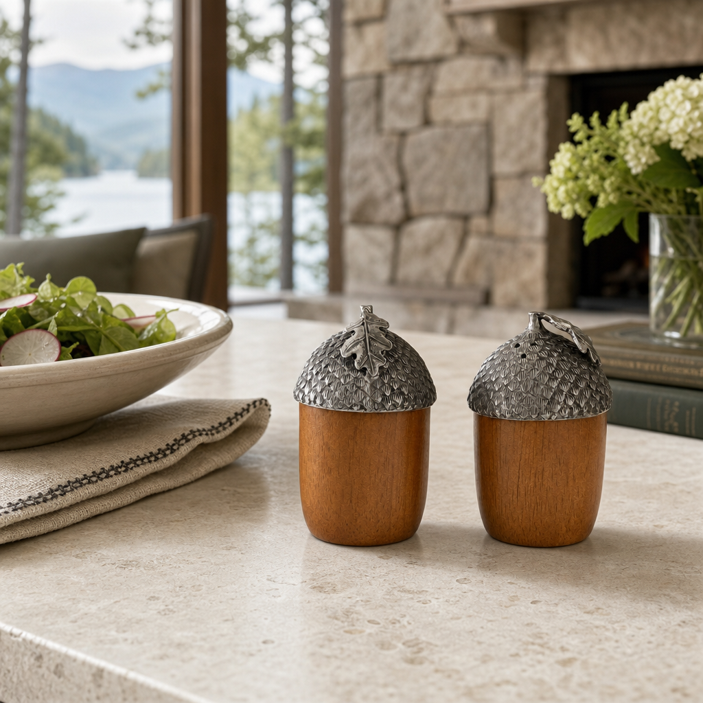 Wood and Pewter Acorns Salt & Pepper Set 5