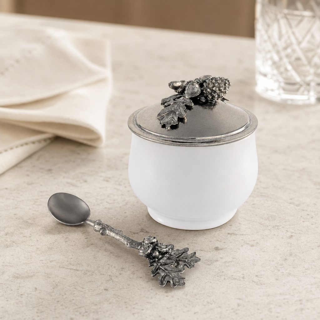 Acorn Oak Leaf Sugar Bowl and Spoon 2