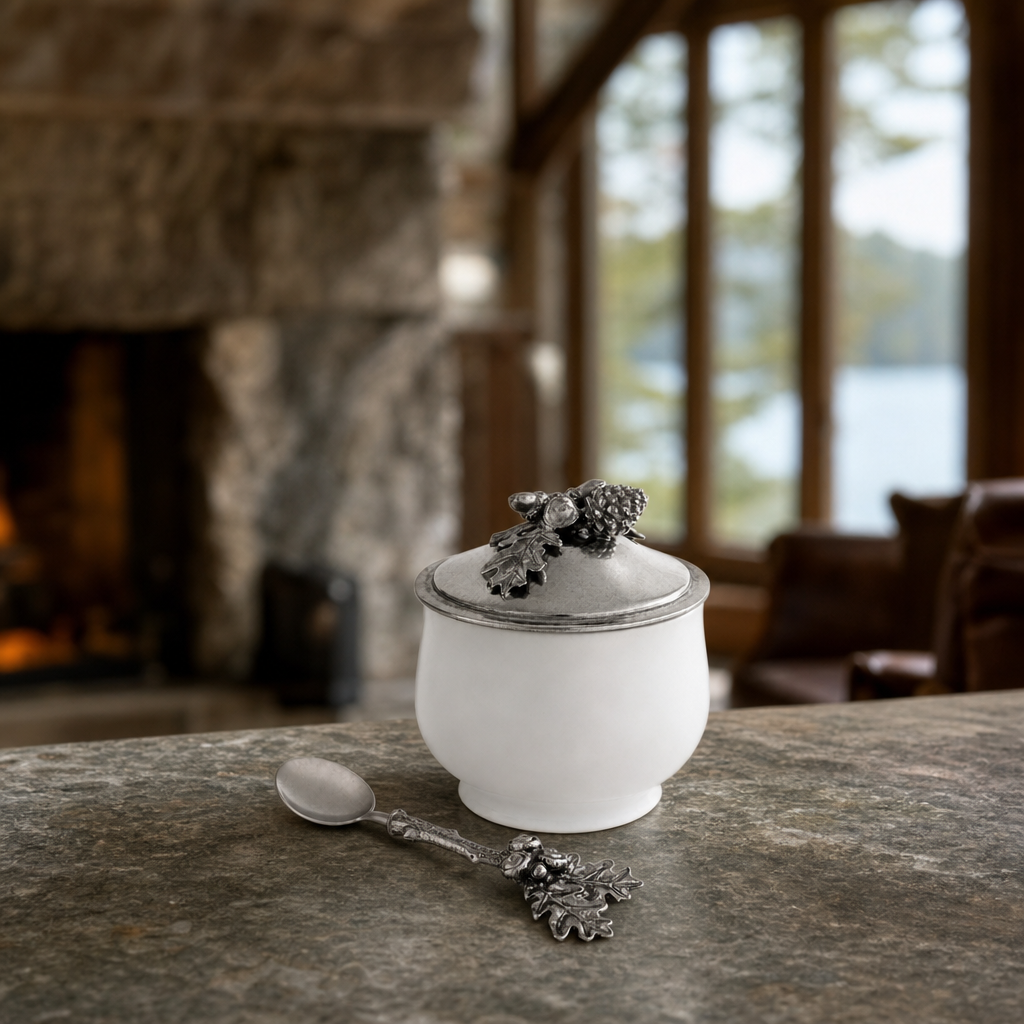 Acorn Oak Leaf Sugar Bowl and Spoon 2