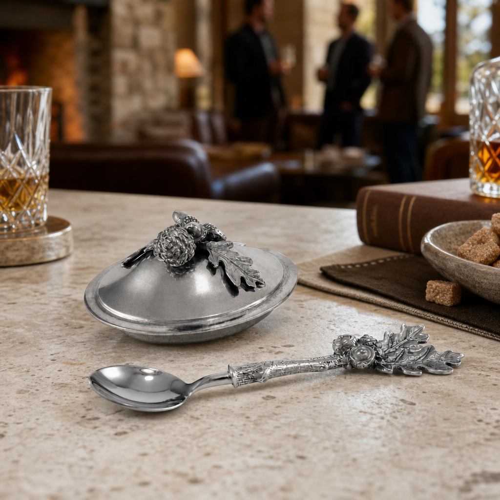 Acorn Oak Leaf Sugar Bowl and Spoon 9