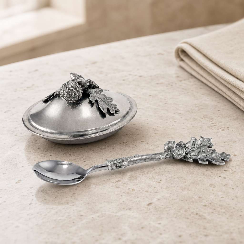 Acorn Oak Leaf Sugar Bowl and Spoon 5