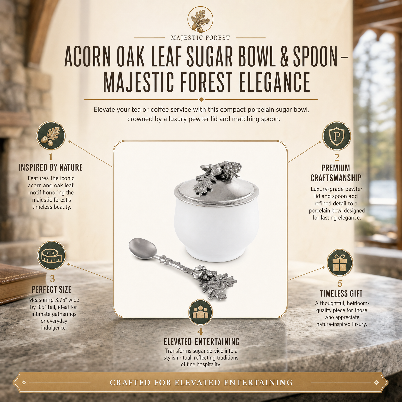 Acorn Oak Leaf Sugar Bowl & Spoon – Majestic Forest Elegance
