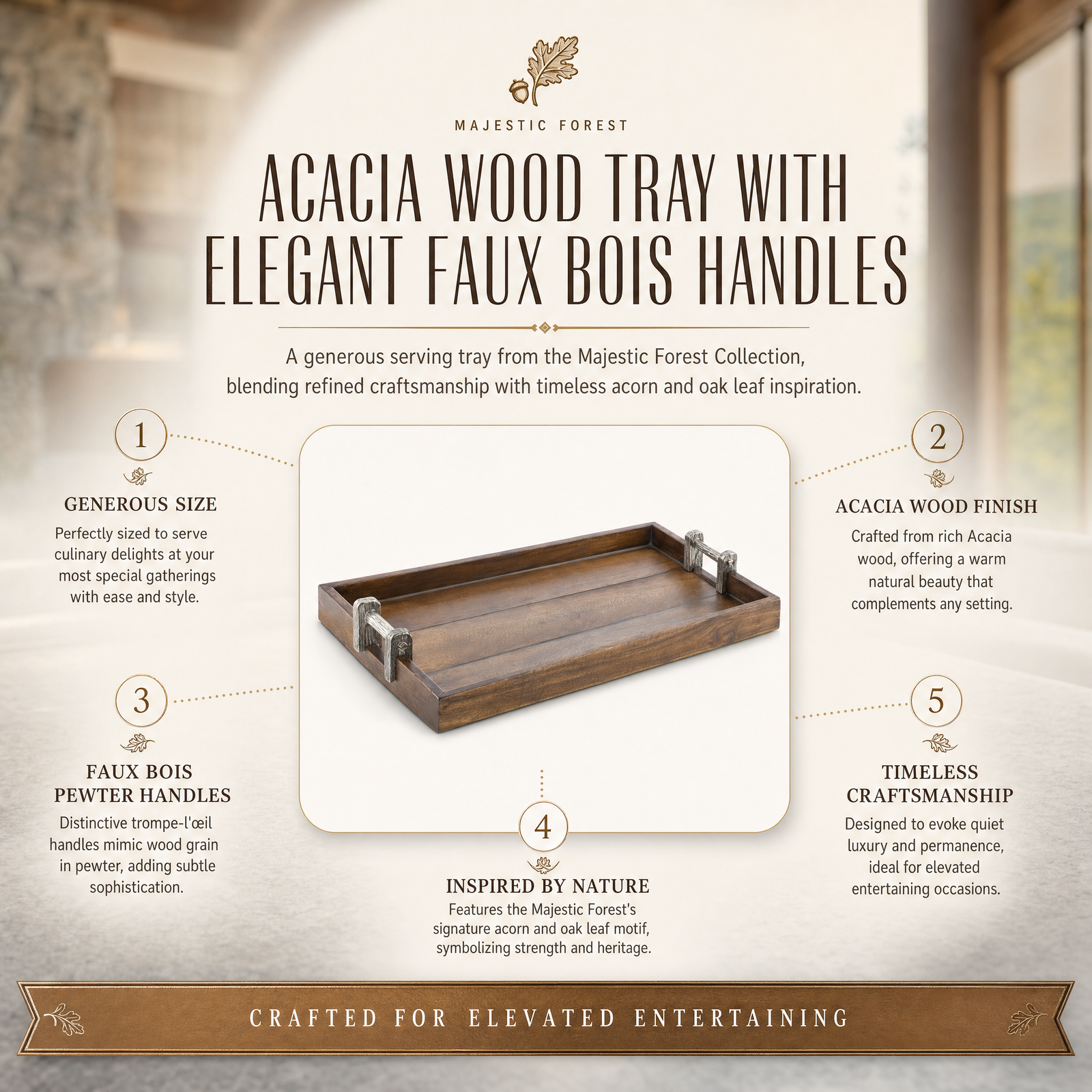 Acacia Wood Tray with Elegant Faux Bois Handles