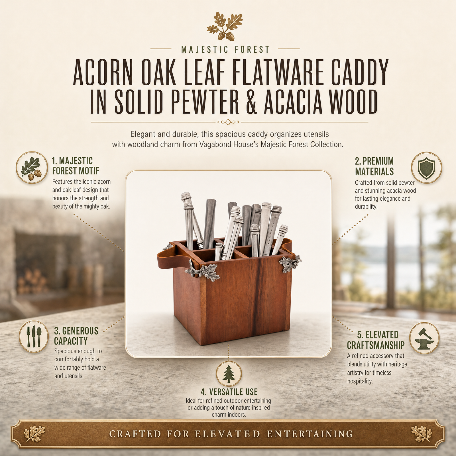 Acorn Oak Leaf Flatware Caddy - Square Box Wood 10
