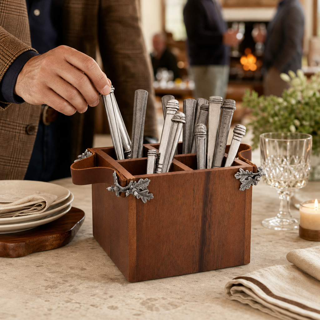 Acorn Oak Leaf Flatware Caddy - Square Box Wood 6