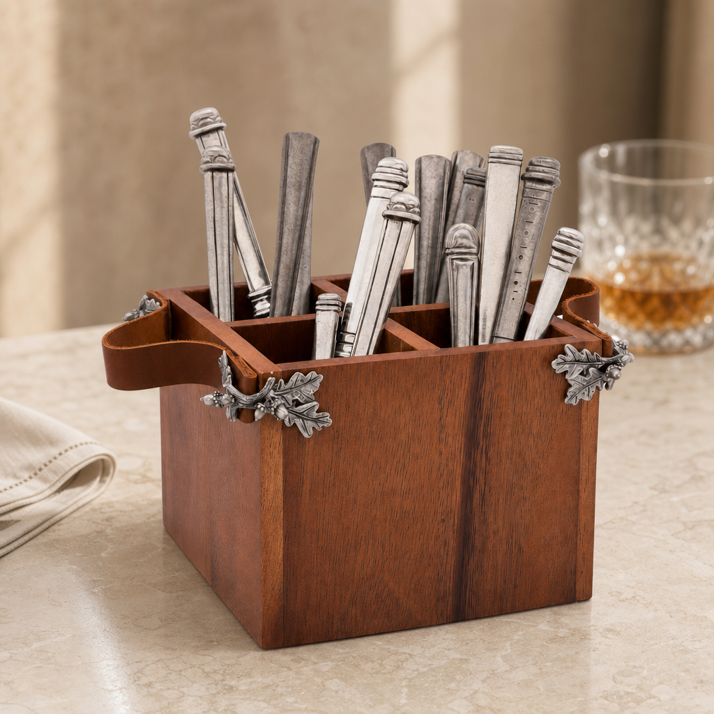Acorn Oak Leaf Flatware Caddy - Square Box Wood 2