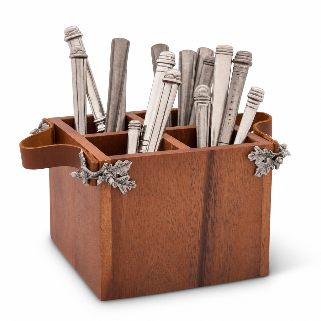 Acorn Oak Leaf Flatware Caddy - Square Box Wood 1