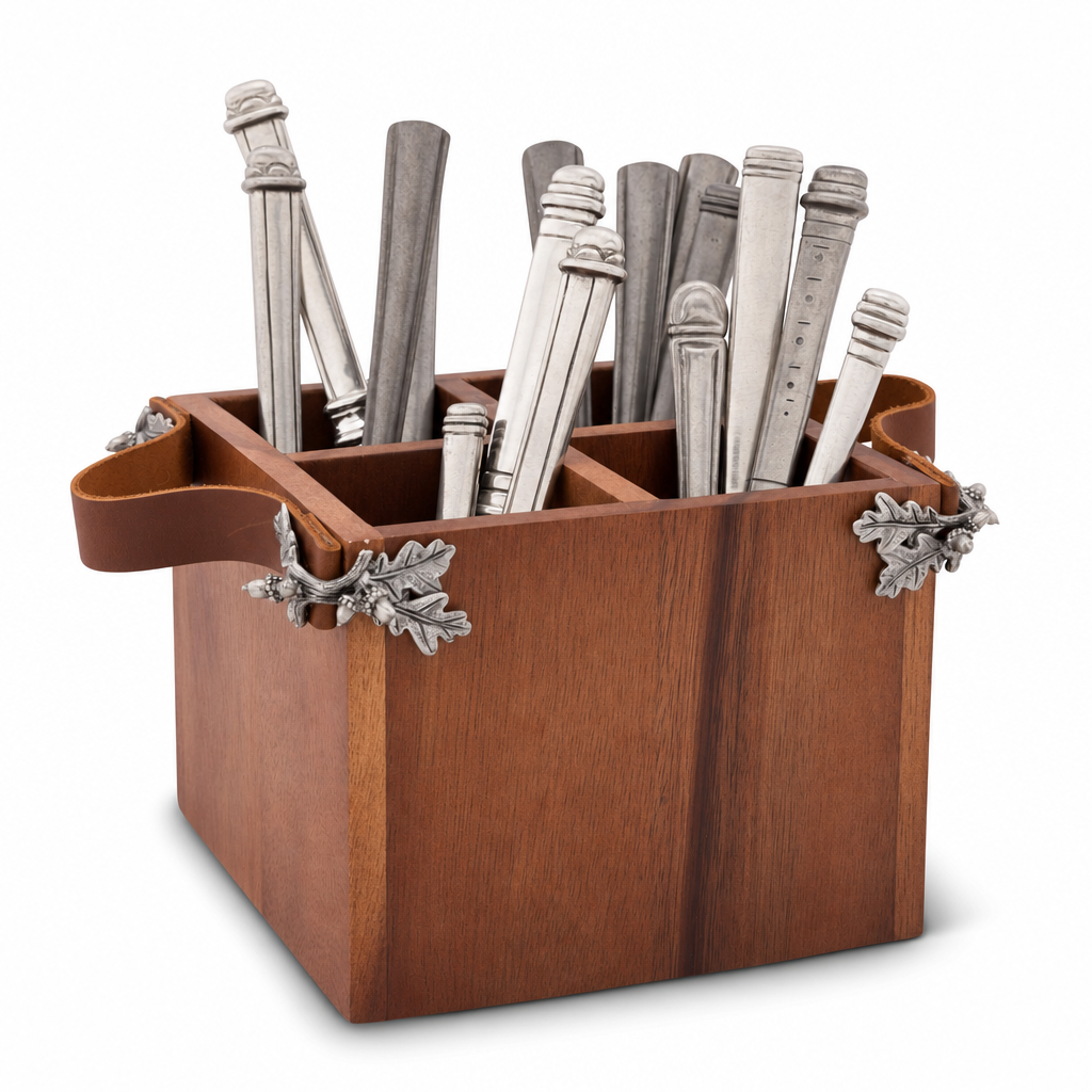 Acorn Oak Leaf Flatware Caddy - Square Box Wood 1