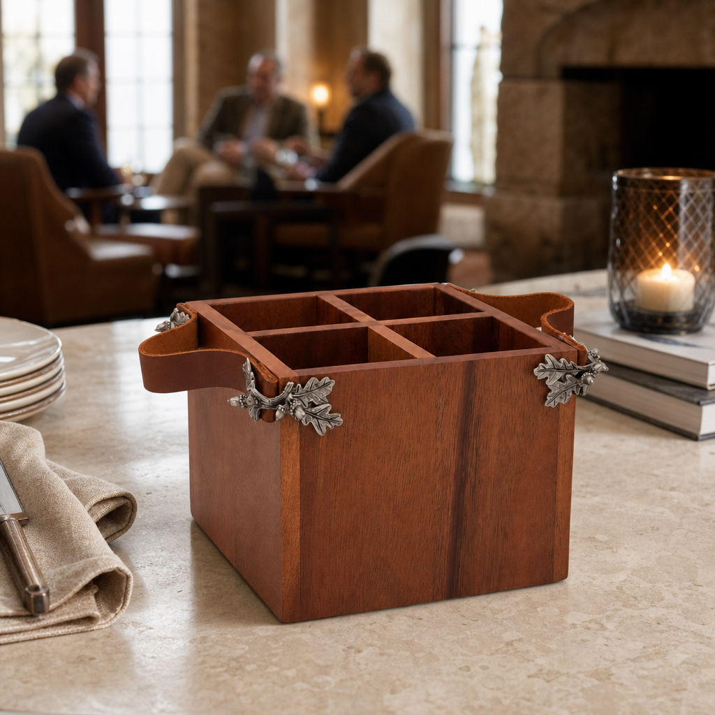 Acorn Oak Leaf Flatware Caddy - Square Box Wood 7