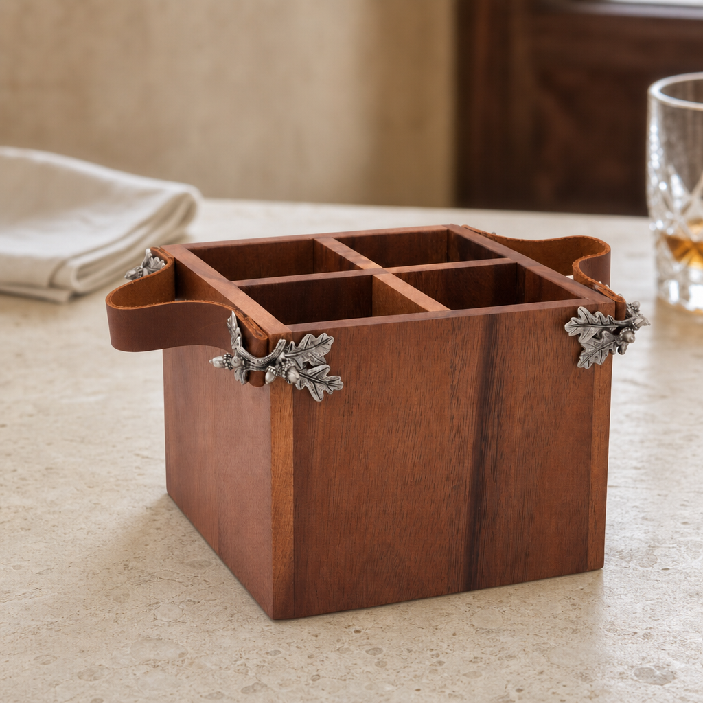 Acorn Oak Leaf Flatware Caddy - Square Box Wood 3