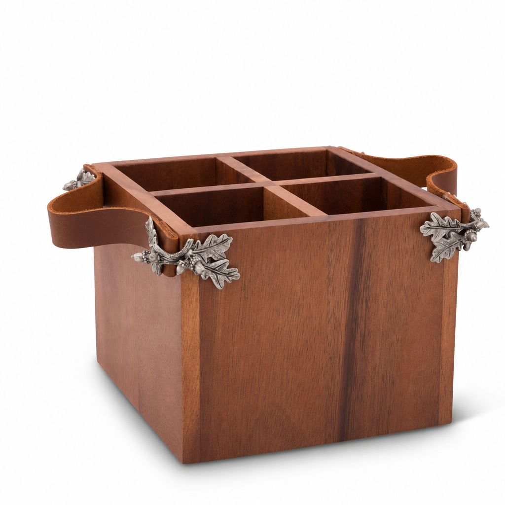 Acorn Oak Leaf Flatware Caddy - Square Box Wood 10