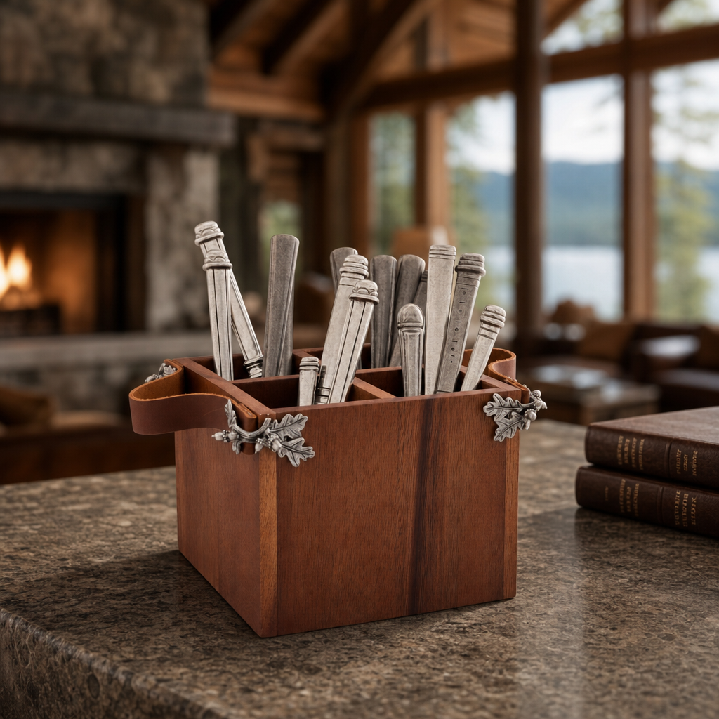 Acorn Oak Leaf Flatware Caddy - Square Box Wood 2
