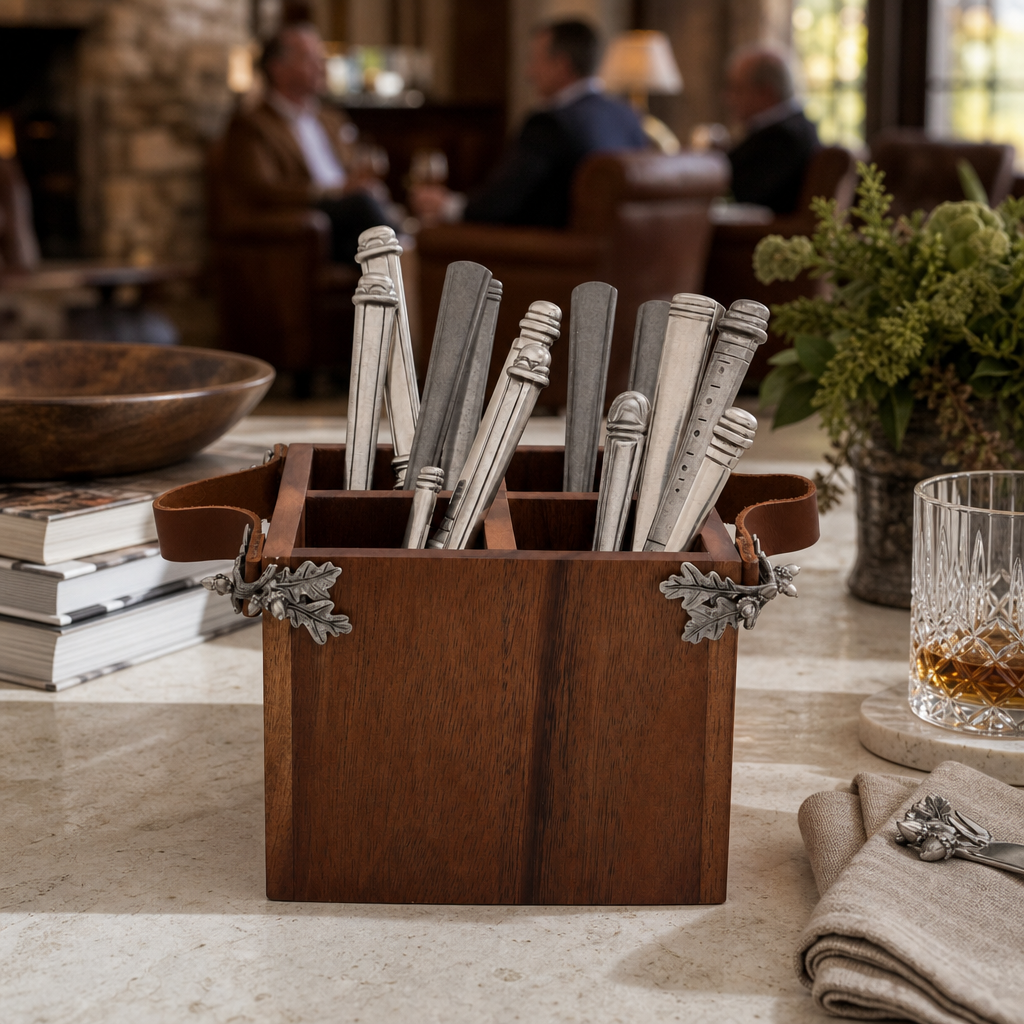 Acorn Oak Leaf Flatware Caddy - Square Box Wood 8