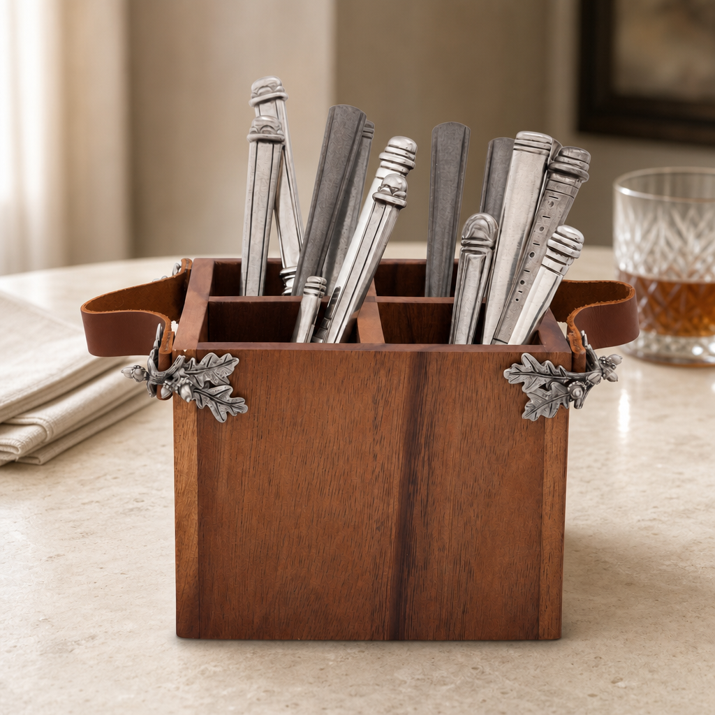 Acorn Oak Leaf Flatware Caddy - Square Box Wood 4