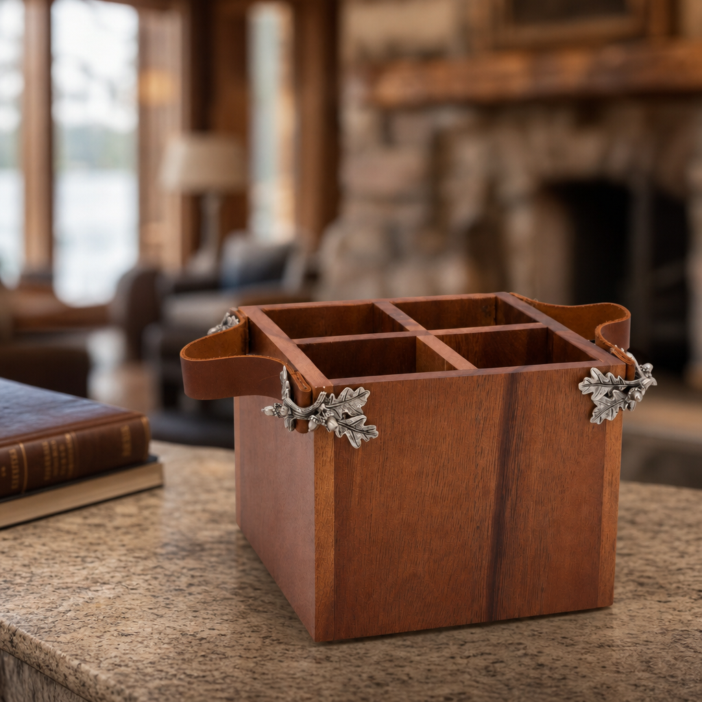 Acorn Oak Leaf Flatware Caddy - Square Box Wood 3