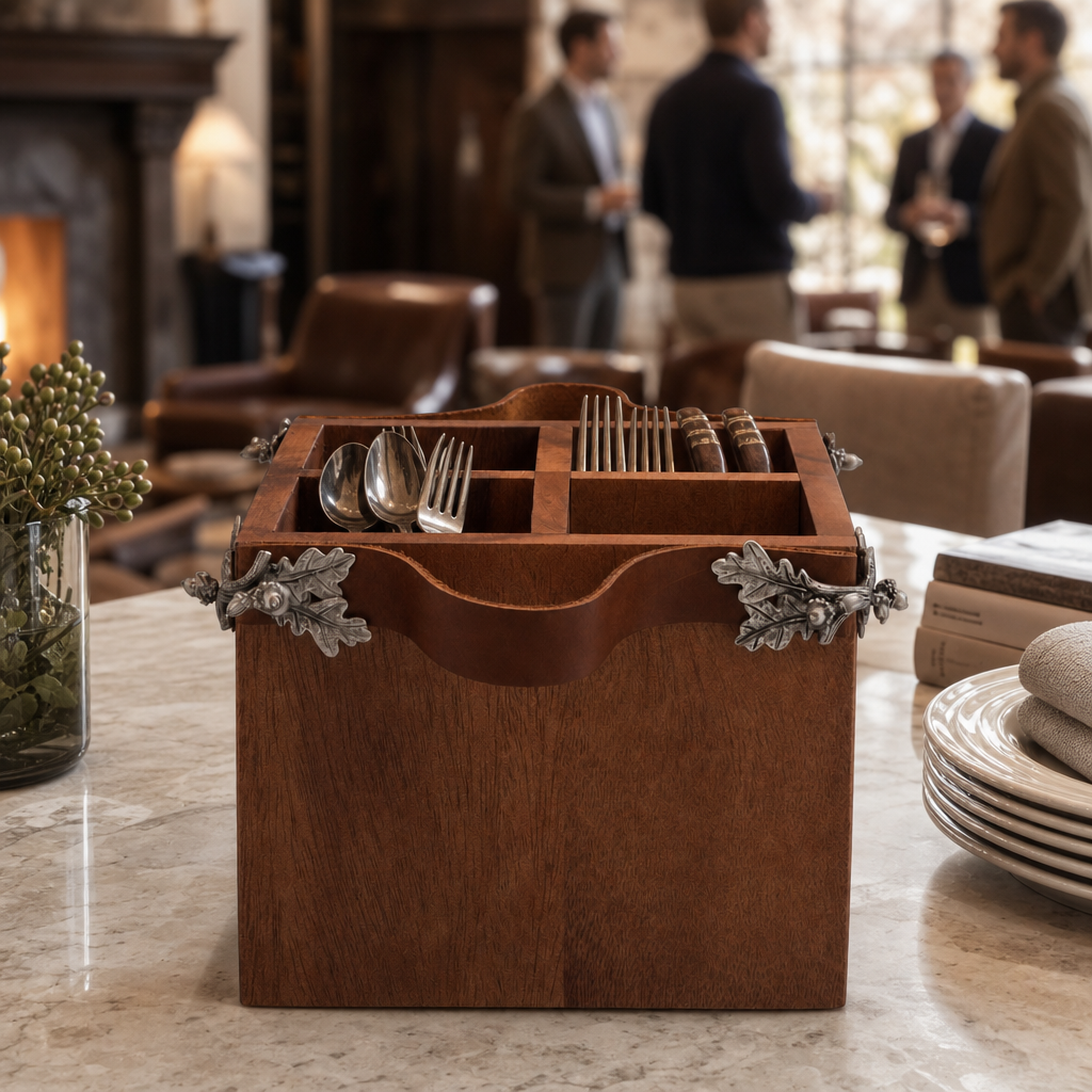 Acorn Oak Leaf Flatware Caddy - Square Box Wood 9